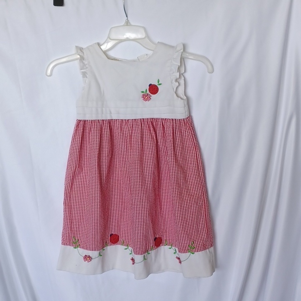Vintage Little Bitty Baby Sun Dress/Pinafore, sz 5 Gingham Red, ladybugs